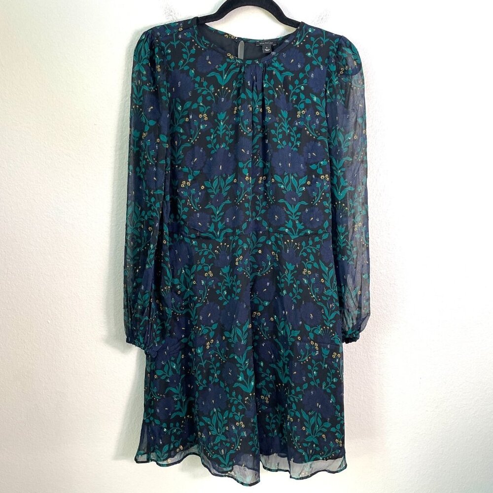 Ann Taylor Womens 8 Shimmer Floral Long Sleeve Dress Elastic Waist‎